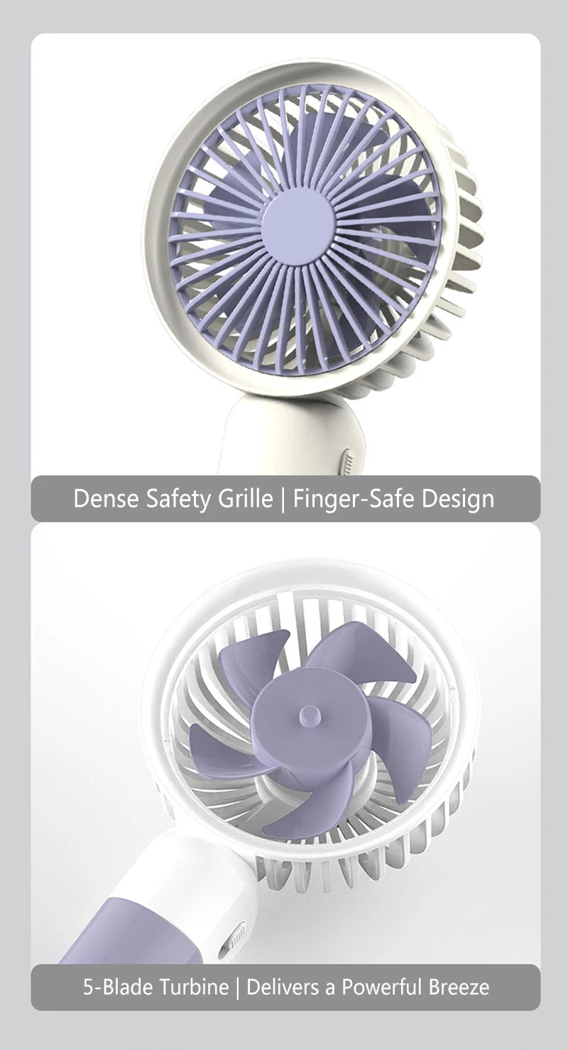 Portable silent charging fan with a phone holder, suitable for carrying or using on a desktop.