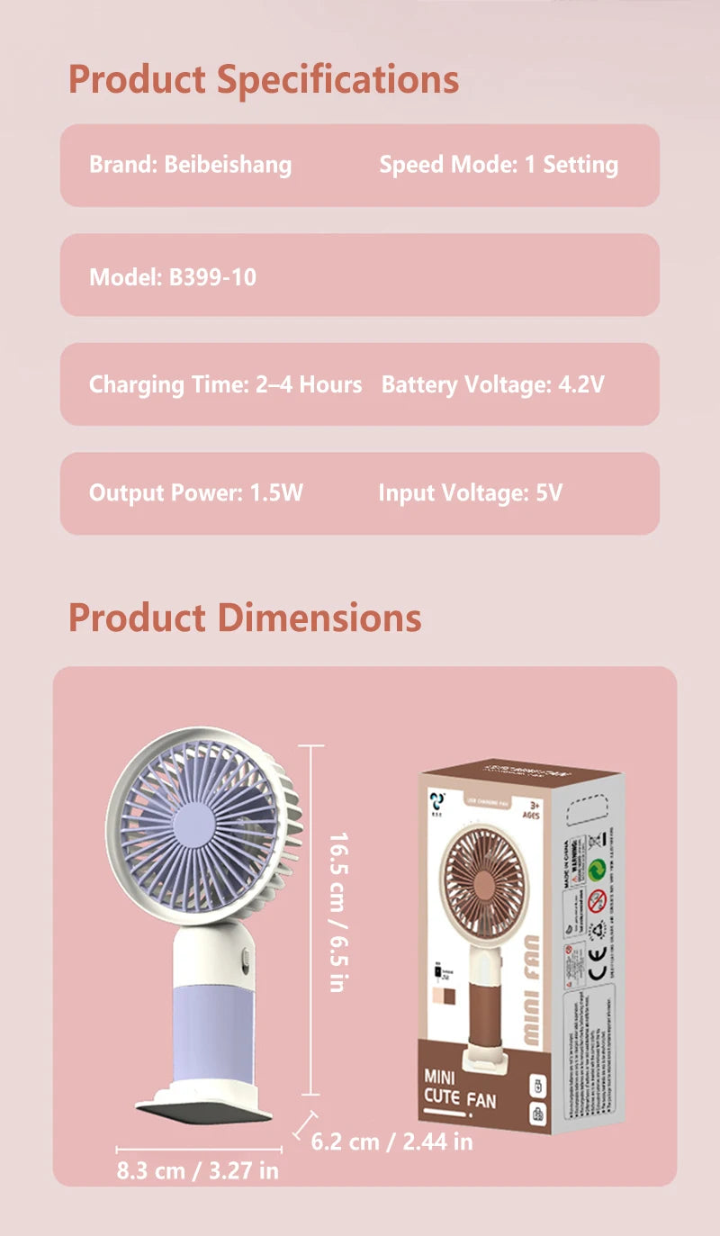 Portable silent charging fan with a phone holder, suitable for carrying or using on a desktop.