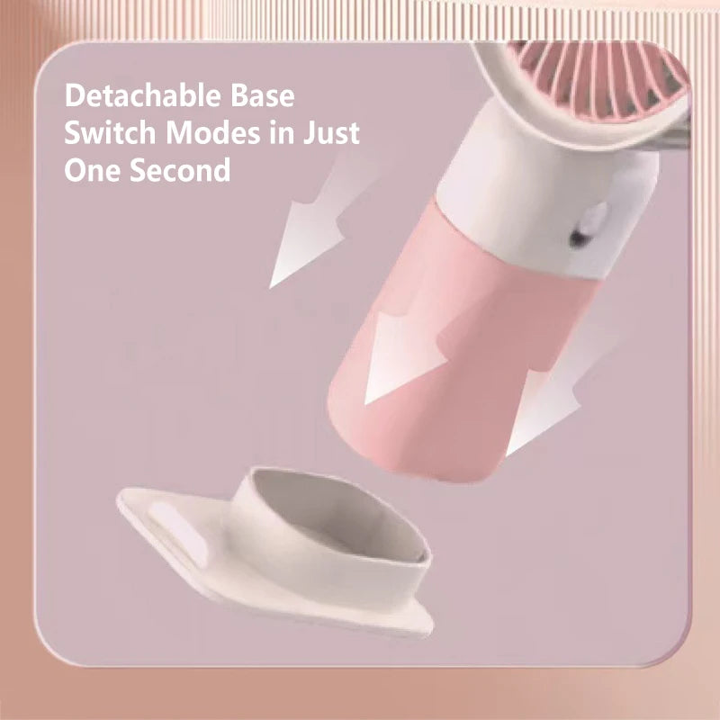 Portable silent charging fan with a phone holder, suitable for carrying or using on a desktop.