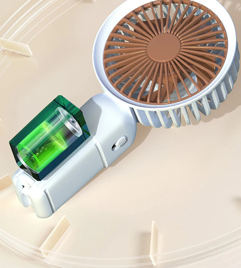 Portable silent charging fan with a phone holder, suitable for carrying or using on a desktop.