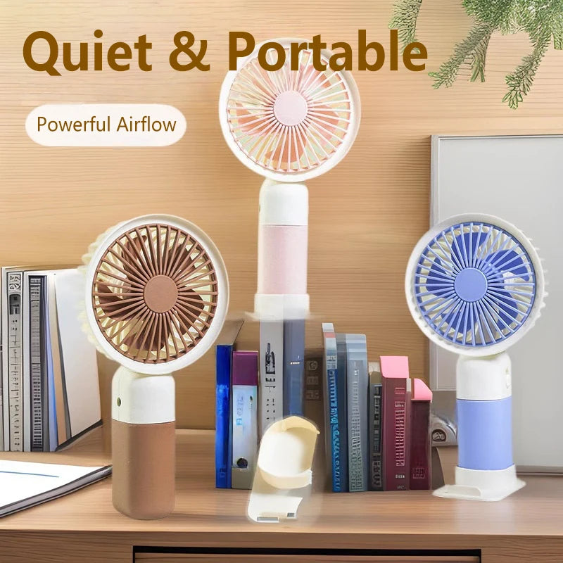 Portable silent charging fan with a phone holder, suitable for carrying or using on a desktop.